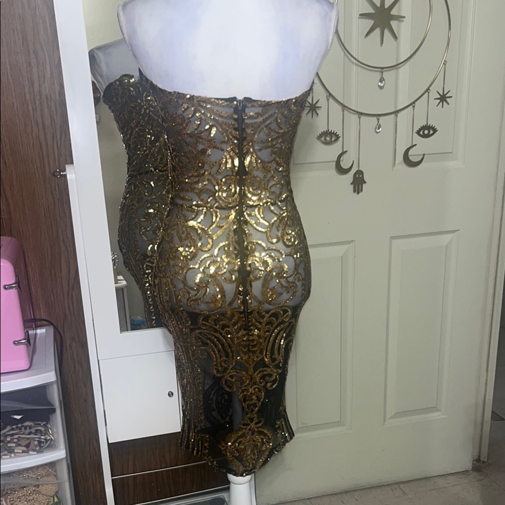 Gold Bodycon Knee-Length Strapless Sequin see through Cocktail Dress - Picture 8 of 14